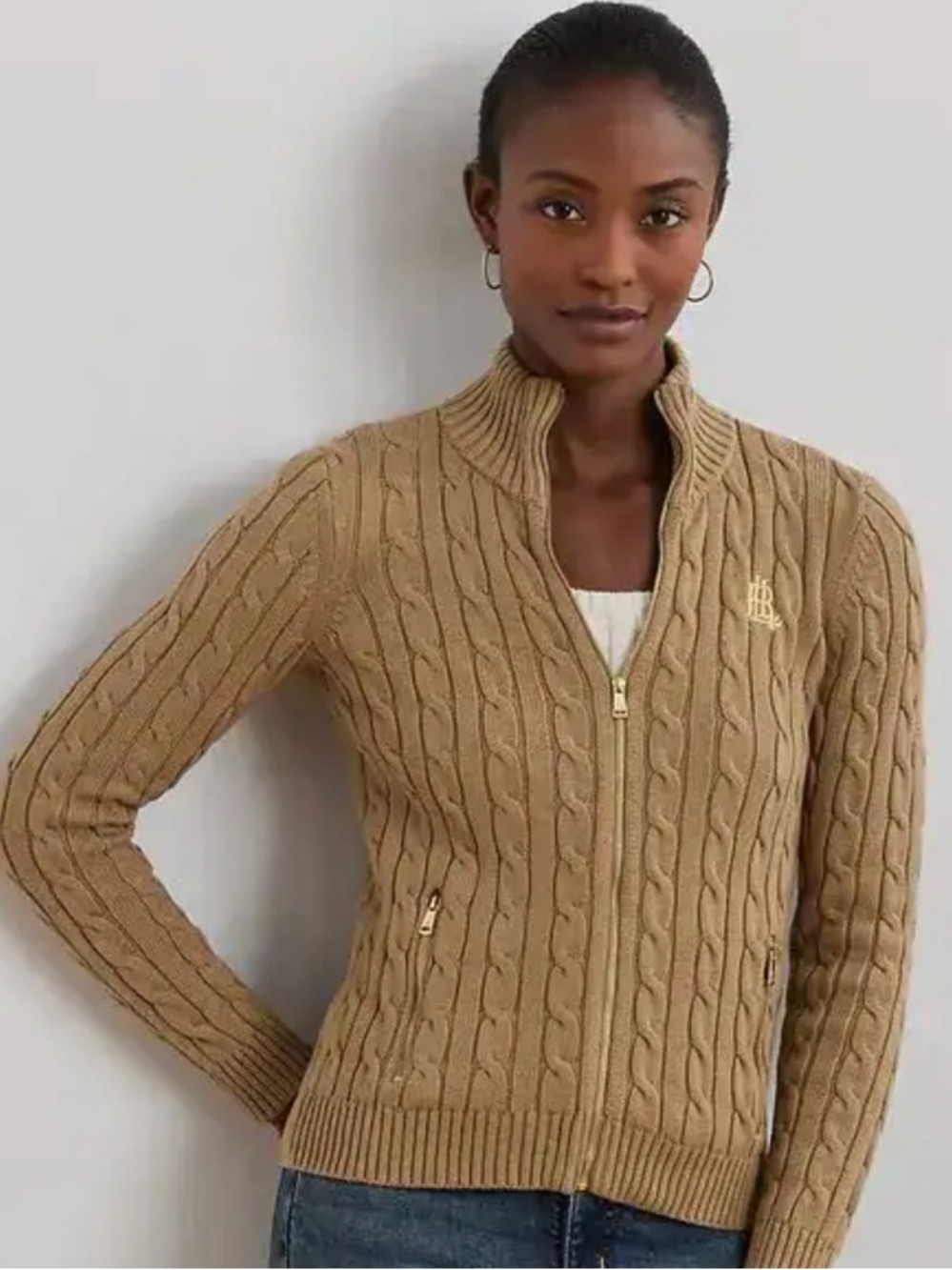 Ralph Lauren Tan Cable Knit Zip Cardigan Jacket XXL